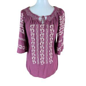 Sincerely Mary Boho Peasant Top Embroidered 3/4 Sleeve Tunic Blouse Purple Small